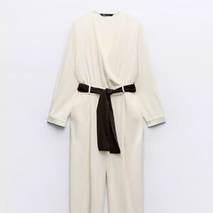 Zara NWT Elegant White Jumpsuit with Black Belt